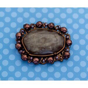 Vintage Gothic Stone Copper Tone Brooch - M19